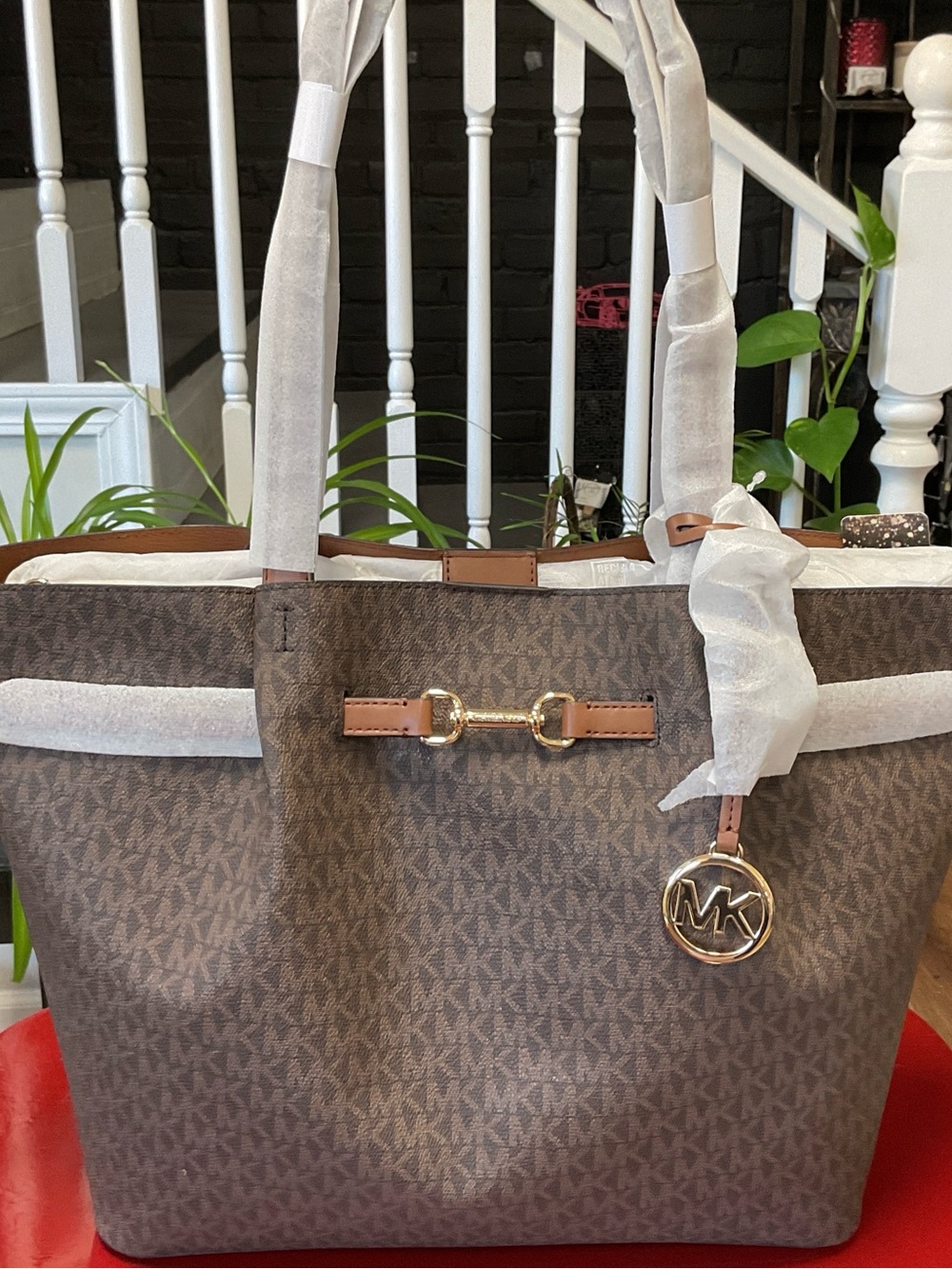 Michael Kors Brown MK Logo Tote with Gold Charm